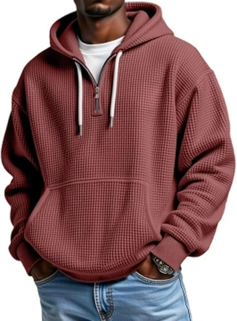 Loose Waffle Half-Zip Hooded Sweatshirt