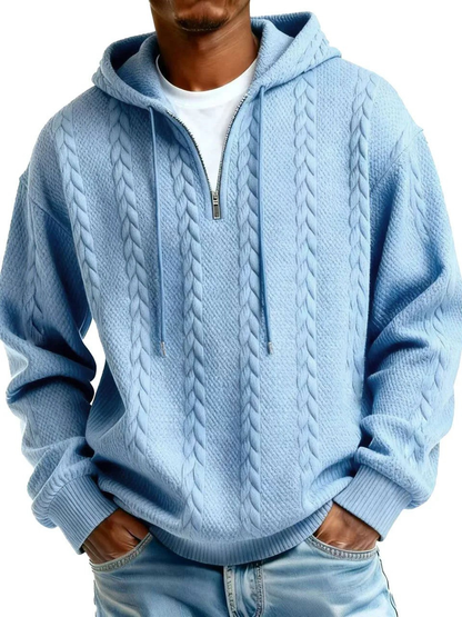 Half Zip Cable-Knit Textured Fleece Hoodie