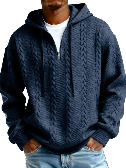 Half Zip Cable-Knit Textured Fleece Hoodie