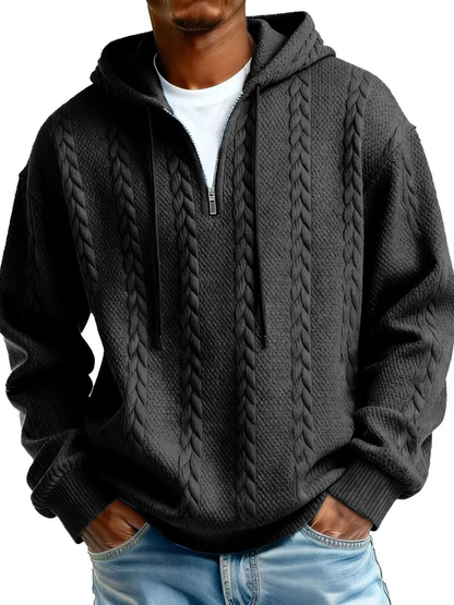 Half Zip Cable-Knit Textured Fleece Hoodie