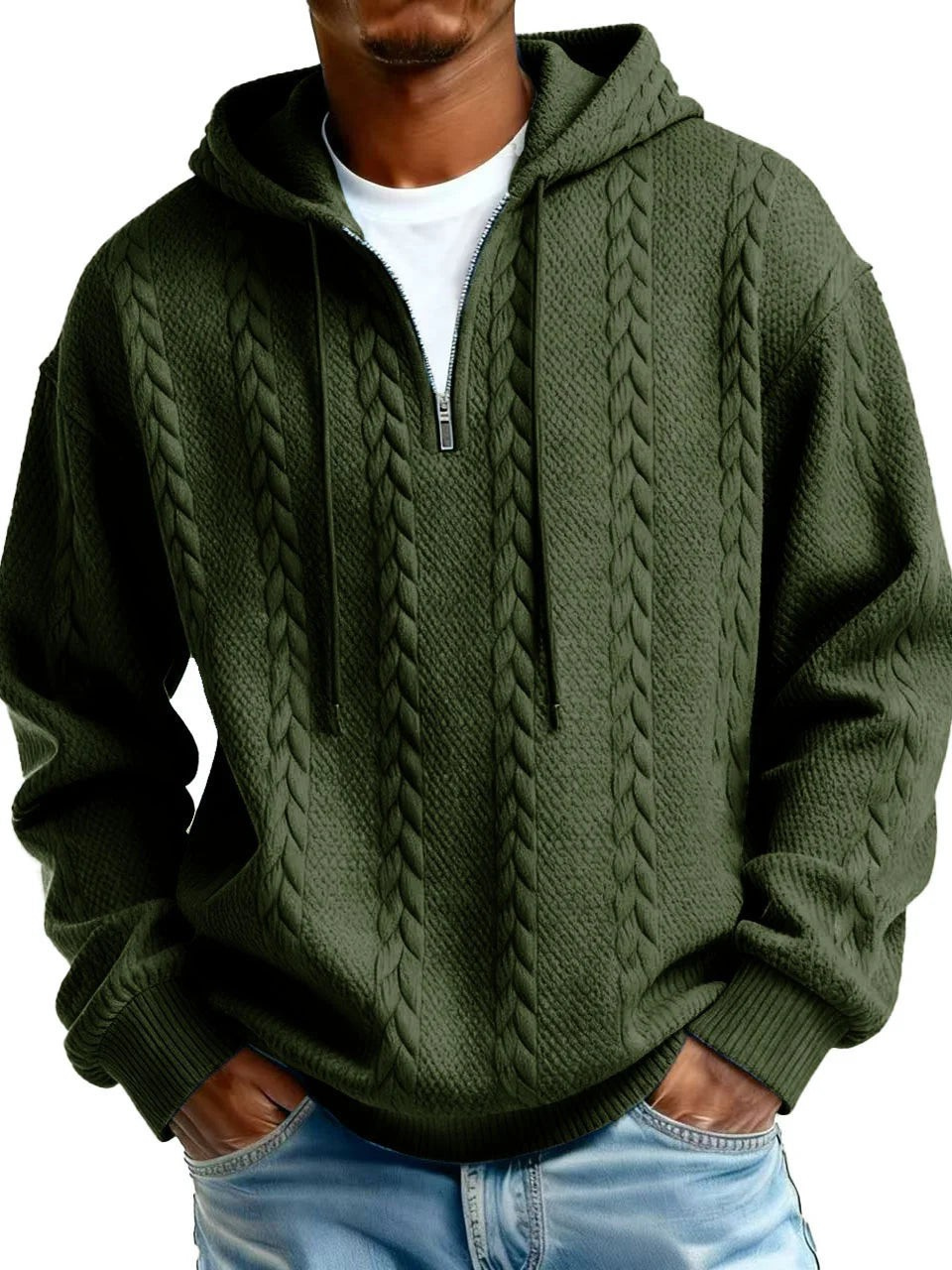 Half Zip Cable-Knit Textured Fleece Hoodie