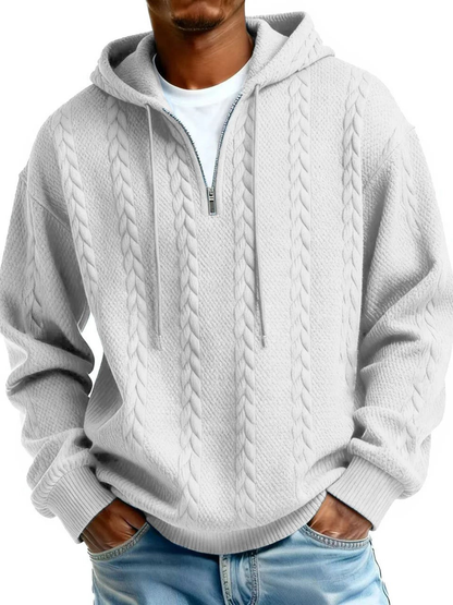 Half Zip Cable-Knit Textured Fleece Hoodie